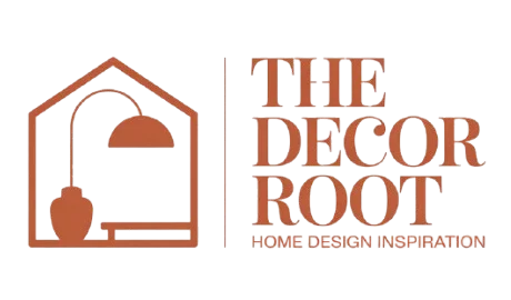 Primary wide corporate logo for The Decor Root featuring a minimalist line-art house icon and sophisticated rust-orange typography.