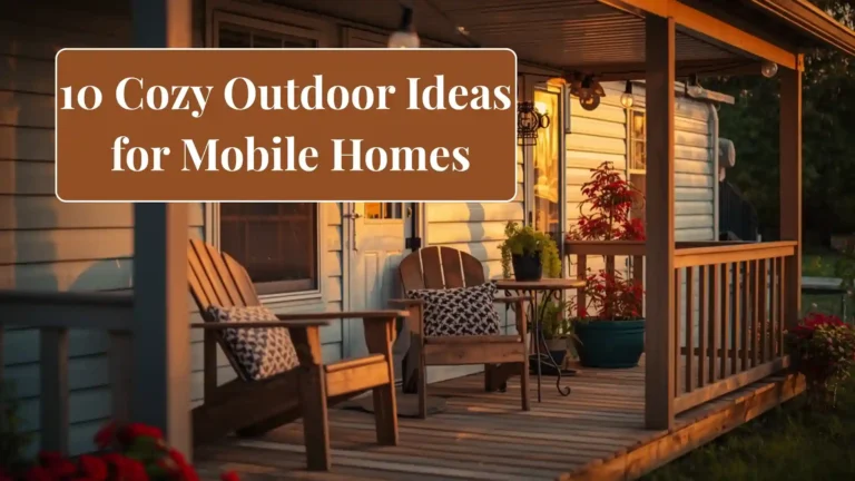 Cozy outdoor ideas for mobile homes budget featuring a warm porch with string lights, potted plants, and a small bistro table