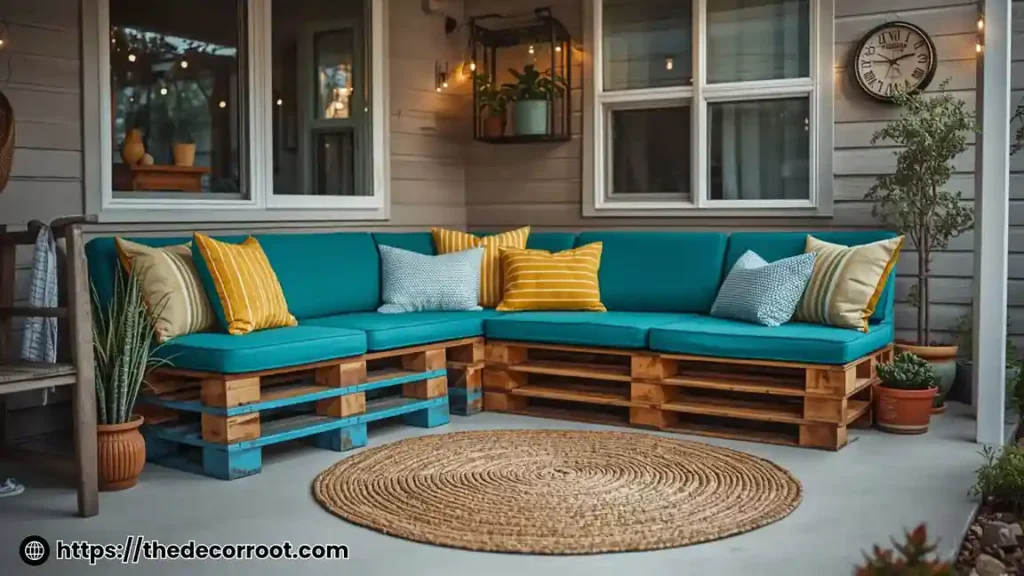 DIY pallet seating area with colorful cushions showing cozy outdoor ideas for mobile homes budget style