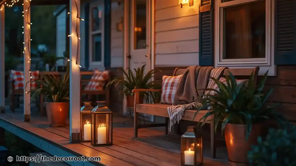 Evening mobile home porch with decorative lanterns and string lights showing cozy outdoor ideas for mobile homes budget look