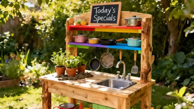 Wooden mud kitchen in a garden play area with pots, pans, soil, and water, designed for sensory play that kids will love.