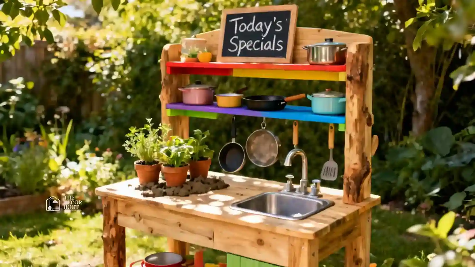 Wooden mud kitchen in a garden play area with pots, pans, soil, and water, designed for sensory play that kids will love.