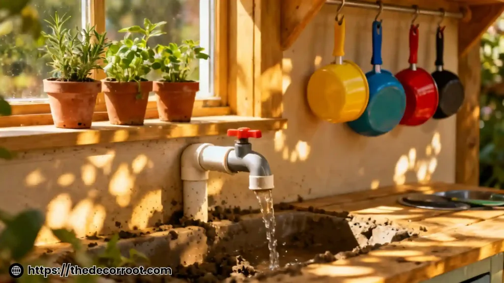 Mud kitchen setup ideas for sensory play with water feature and chalkboard menu board