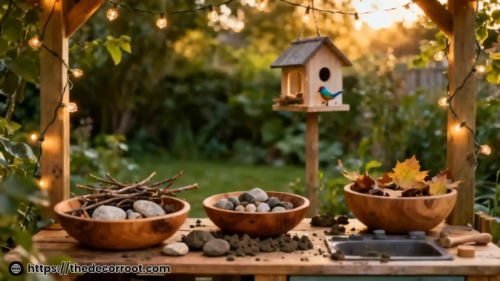 Mud kitchen, natural loose parts, seasonal sensory materials.