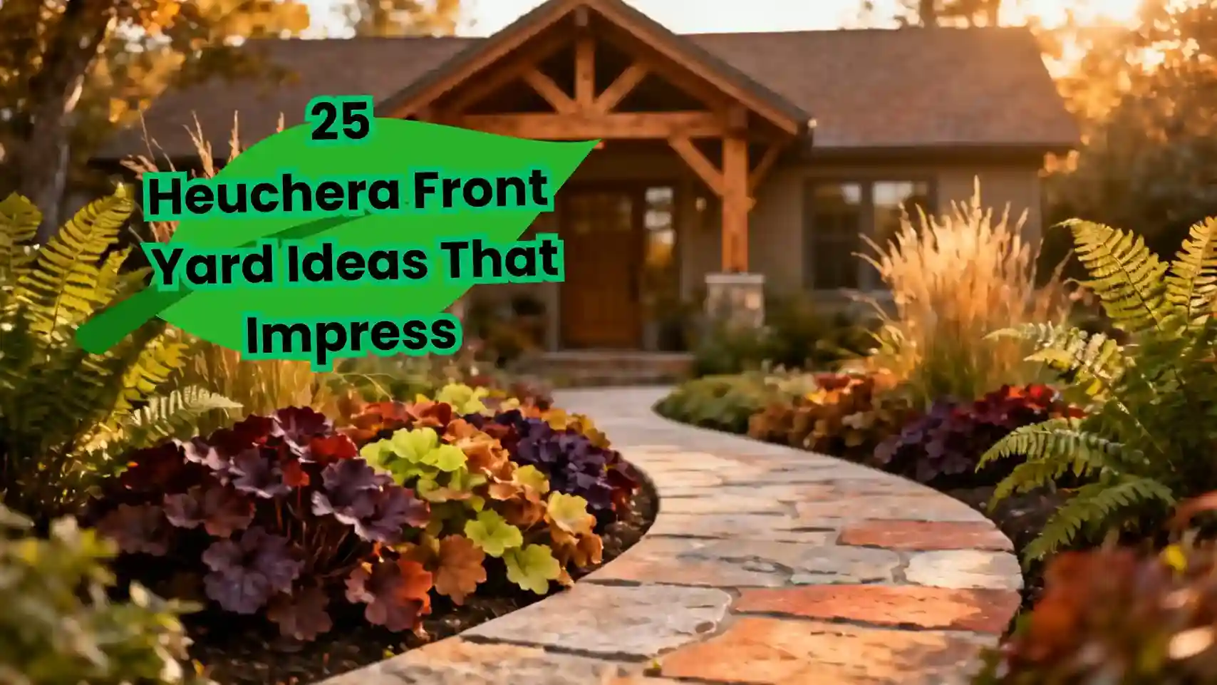 Stunning heuchera front yard ideas with purple and burgundy coral bells lining the walkway