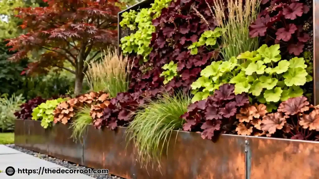 Heuchera front yard ideas with color-blocked mass planting and ornamental grass backdrop