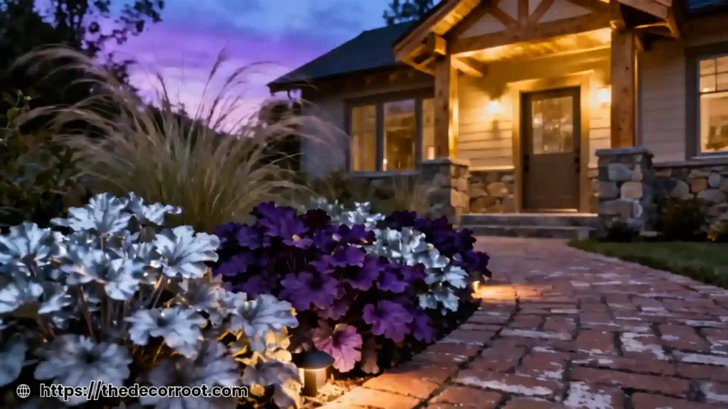 Heuchera front yard ideas at night with LED landscape lighting highlighting silver and purple coral bells