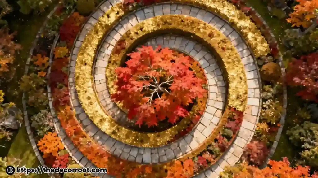 Golden spiral planting bed, specimen tree golden ratio layout.