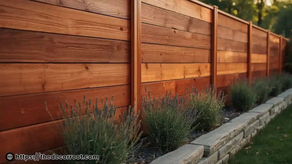 Fence wood ideas featuring a natural redwood horizontal slat fence beside a green garden