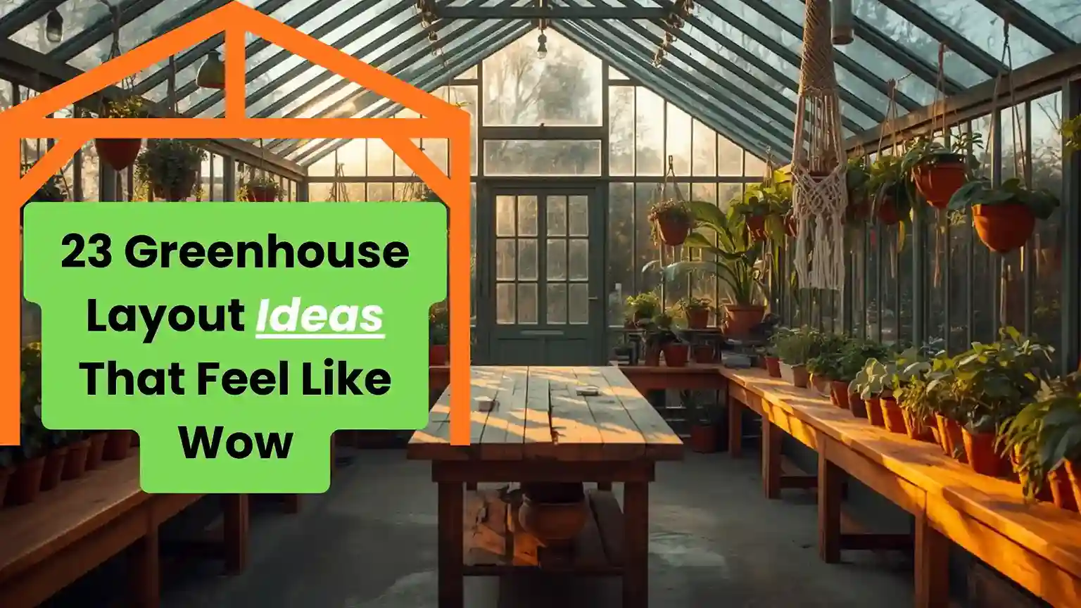Greenhouse layout ideas featuring a cozy glass greenhouse with wooden shelving and hanging plants
