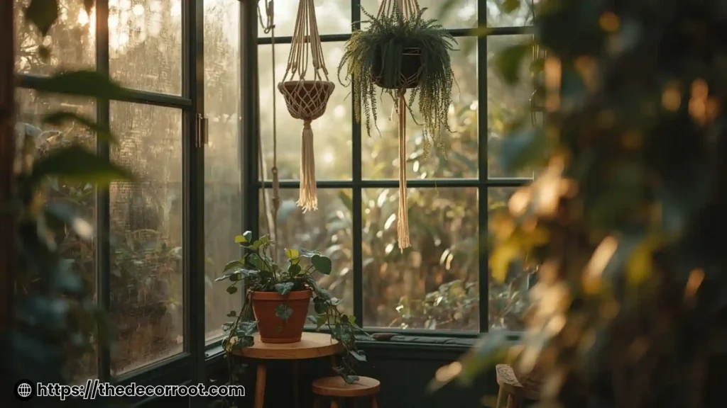 Greenhouse layout ideas with a cozy seating nook surrounded by hanging plants and herbs