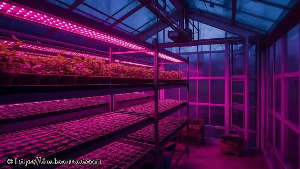 Greenhouse layout ideas featuring vertical shelving with LED grow lights and potted seedlings
