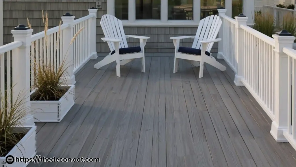 Deck stain color ideas with a gray weathered stain on a cedar deck with coastal furniture