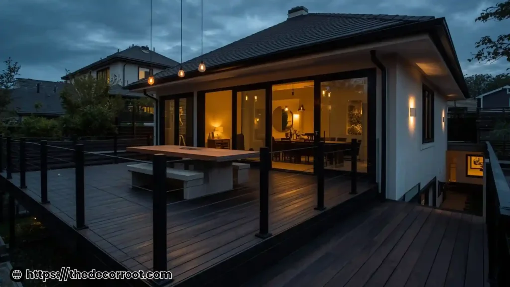 Deck stain color ideas with a dark charcoal stain on an Ipe deck beside a modern home