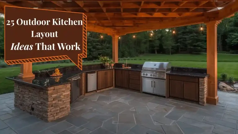Stunning L-shaped outdoor kitchen layout ideas with stone countertops and built-in grill on a spacious backyard patio