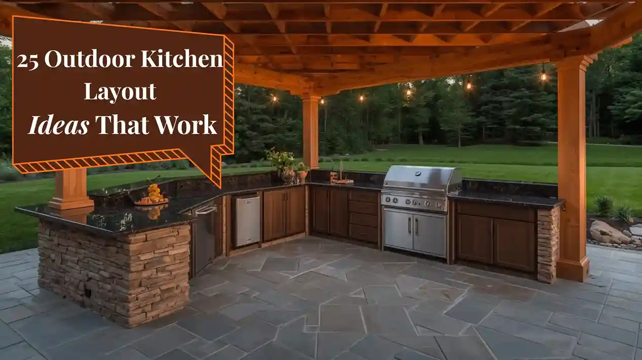Stunning L-shaped outdoor kitchen layout ideas with stone countertops and built-in grill on a spacious backyard patio
