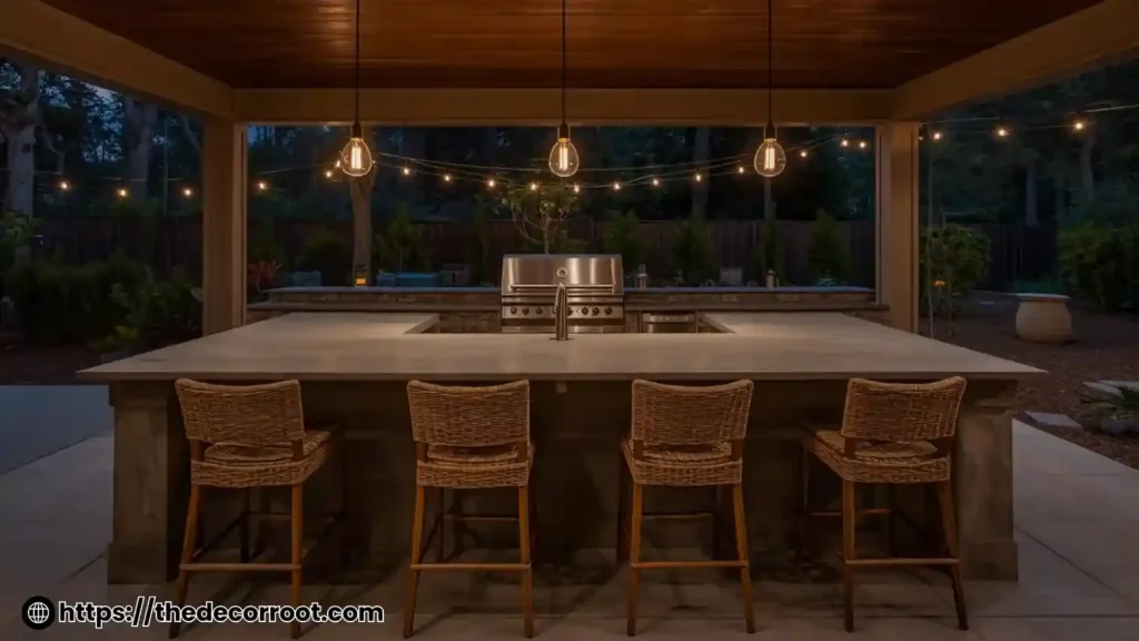 Bar-forward outdoor kitchen layout ideas with pendant lighting and bar stools on a covered patio