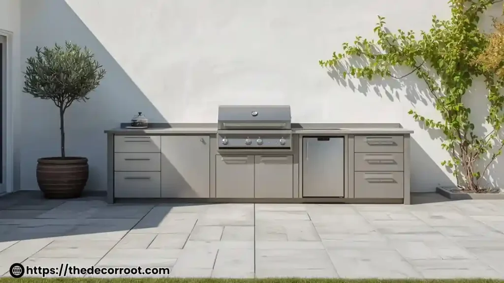 Complete modular outdoor kitchen layout ideas with stainless steel cabinets and built-in grill on a paver patio