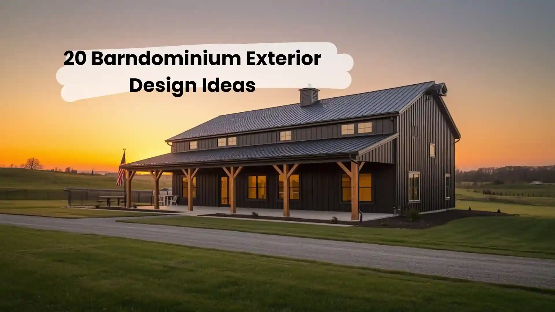 Modern barndominium exterior design ideas featuring black metal siding, white trim, and a wraparound front porch at sunset
