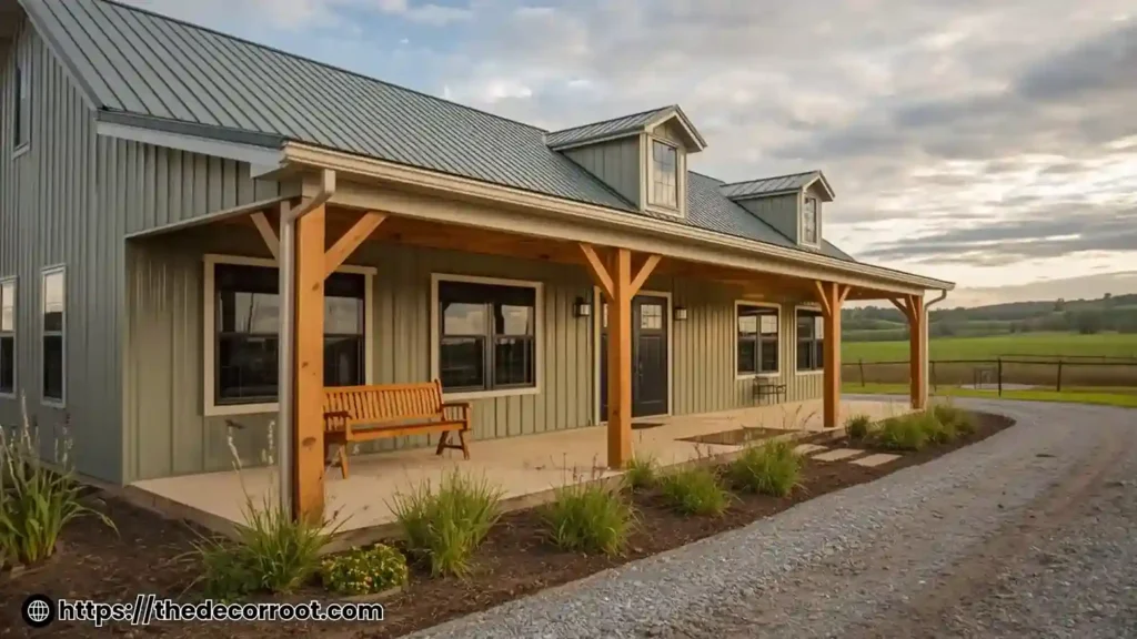 Barndominium exterior design ideas with stacked stone base, board-and-batten gable, and farmhouse entry porch