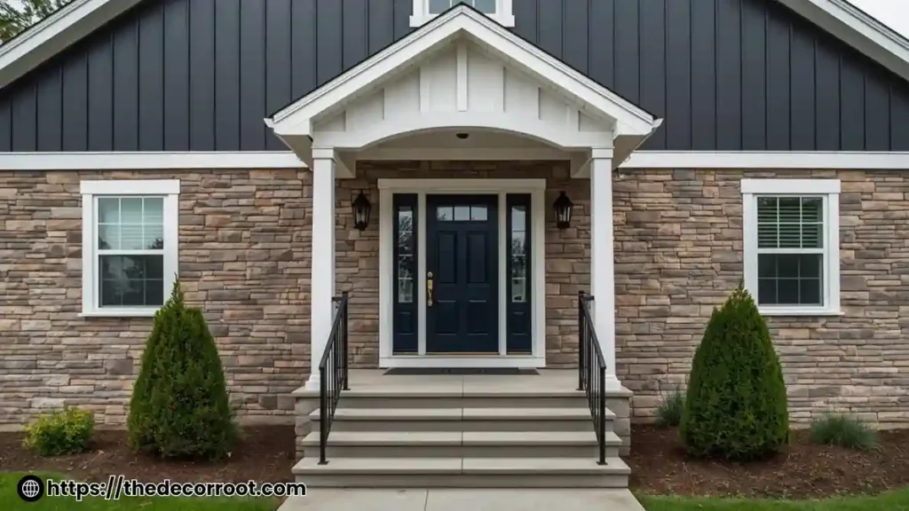 Barndominium exterior design ideas with stacked stone base, board-and-batten gable, and farmhouse entry porch