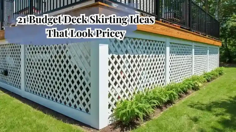 Beautiful budget deck skirting ideas using diagonal cedar lattice panels painted white on a raised backyard deck