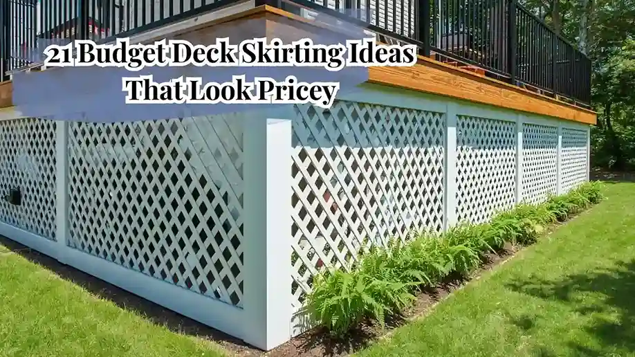 Beautiful budget deck skirting ideas using diagonal cedar lattice panels painted white on a raised backyard deck