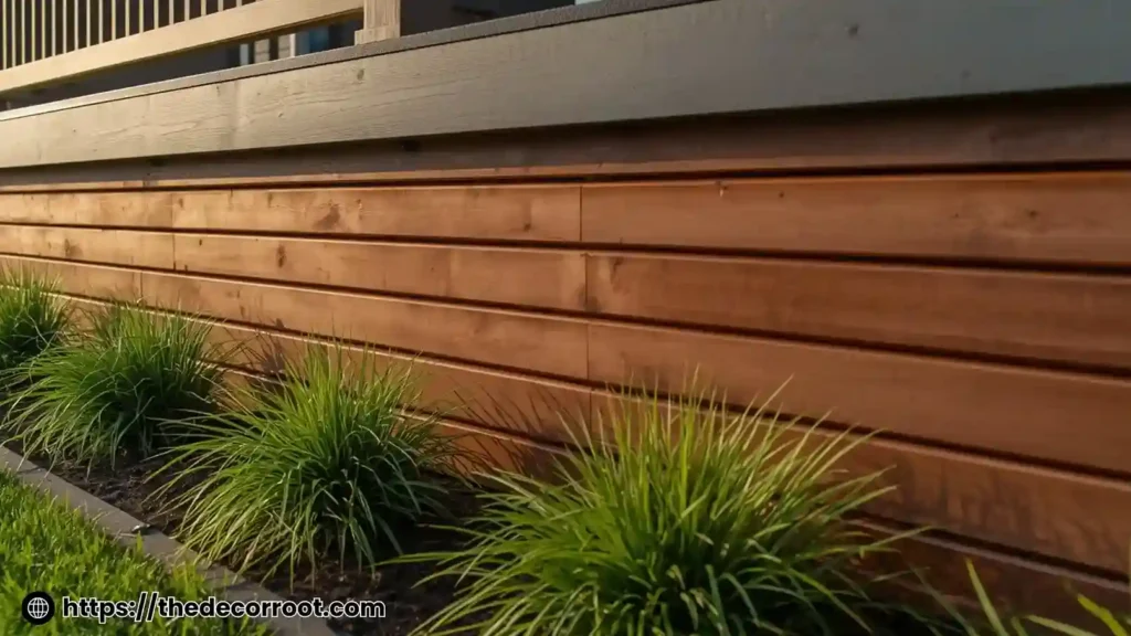 Budget deck skirting ideas using horizontal wood slat boards with a 1-inch gap on a modern backyard deck