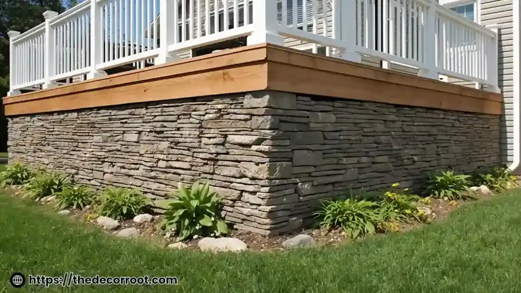 Budget deck skirting ideas using faux stacked stone veneer panels around a raised backyard deck perimeter