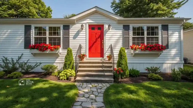 Budget-friendly mobile home exterior with fresh paint, a welcoming front porch, potted flowers, and string lights that create instant curb appeal.