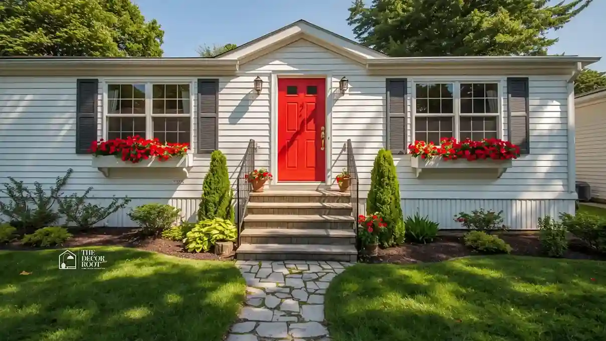Budget-friendly mobile home exterior with fresh paint, a welcoming front porch, potted flowers, and string lights that create instant curb appeal.