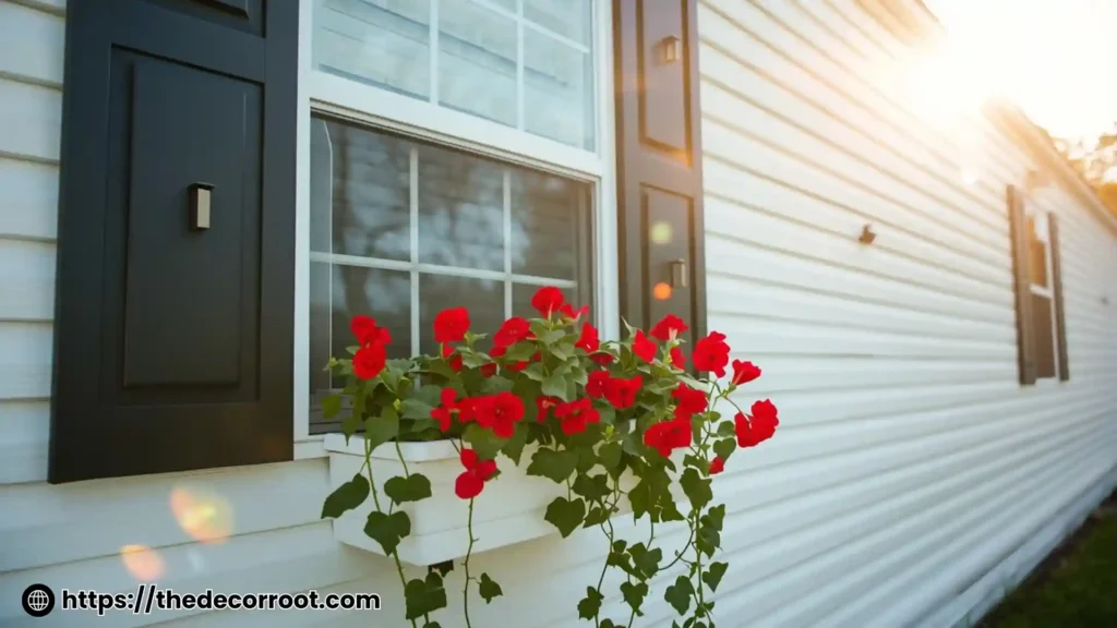 White mobile home, black shutters, colorful window boxes.