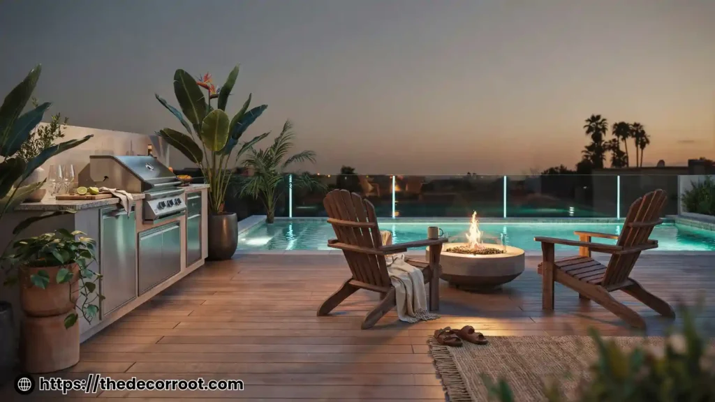 Above-ground pool deck ideas with outdoor kitchen corner and fire pit at sunset