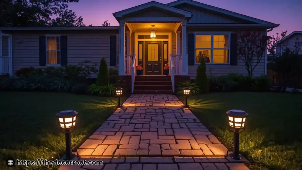 Stone path with solar lights to mobile home porch at dusk.