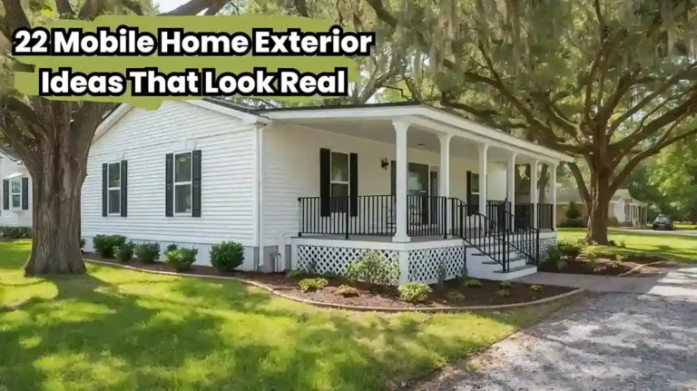 Beautifully renovated mobile home exterior ideas with white lap siding, black shutters, covered front porch, and landscaping