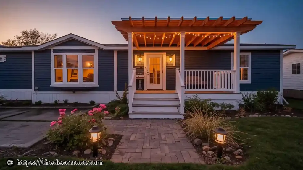 Complete mobile home exterior ideas transformation with two-tone paint, pergola porch, and stone walkway