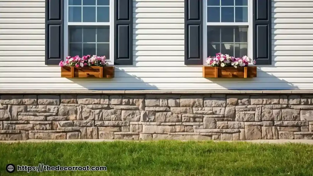 Mobile home exterior ideas with faux stacked stone skirting, black shutters, and flower box window details