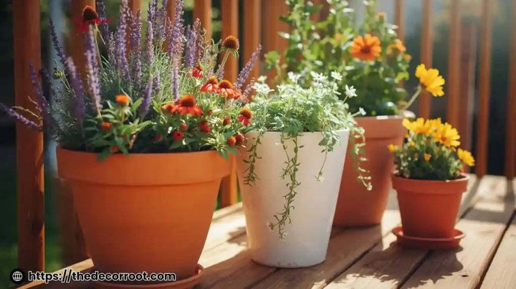 Mixed container garden arrangement with full sun perennials including lavender, coneflower, and black-eyed Susan on a wooden deck