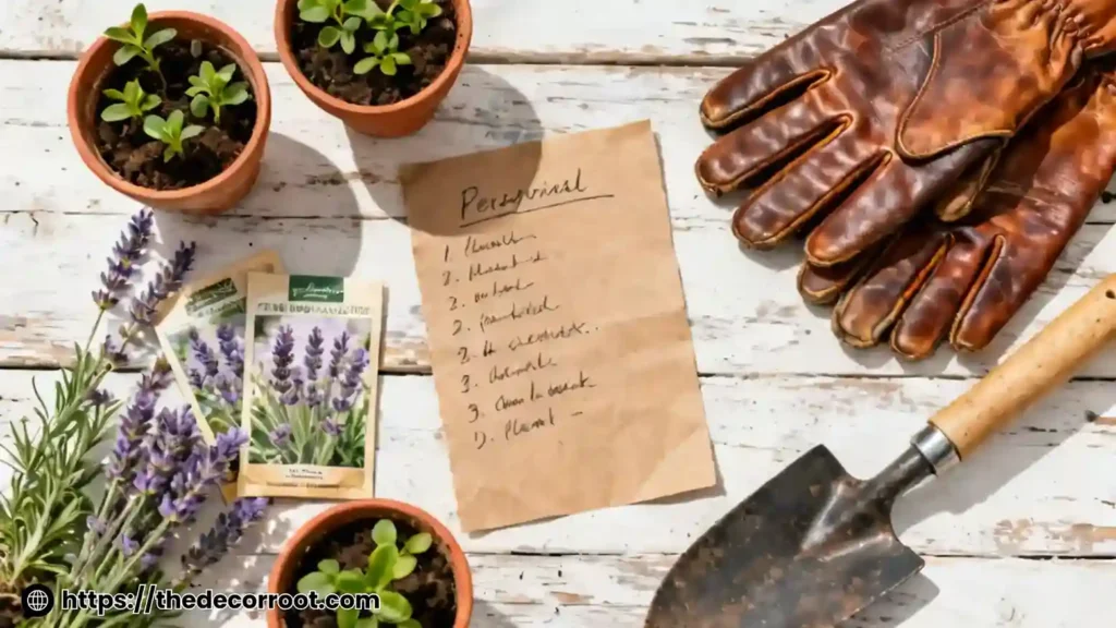 Inspirational flat lay of full sun perennials for container gardens with seed packets, gardening gloves, and small plant tag