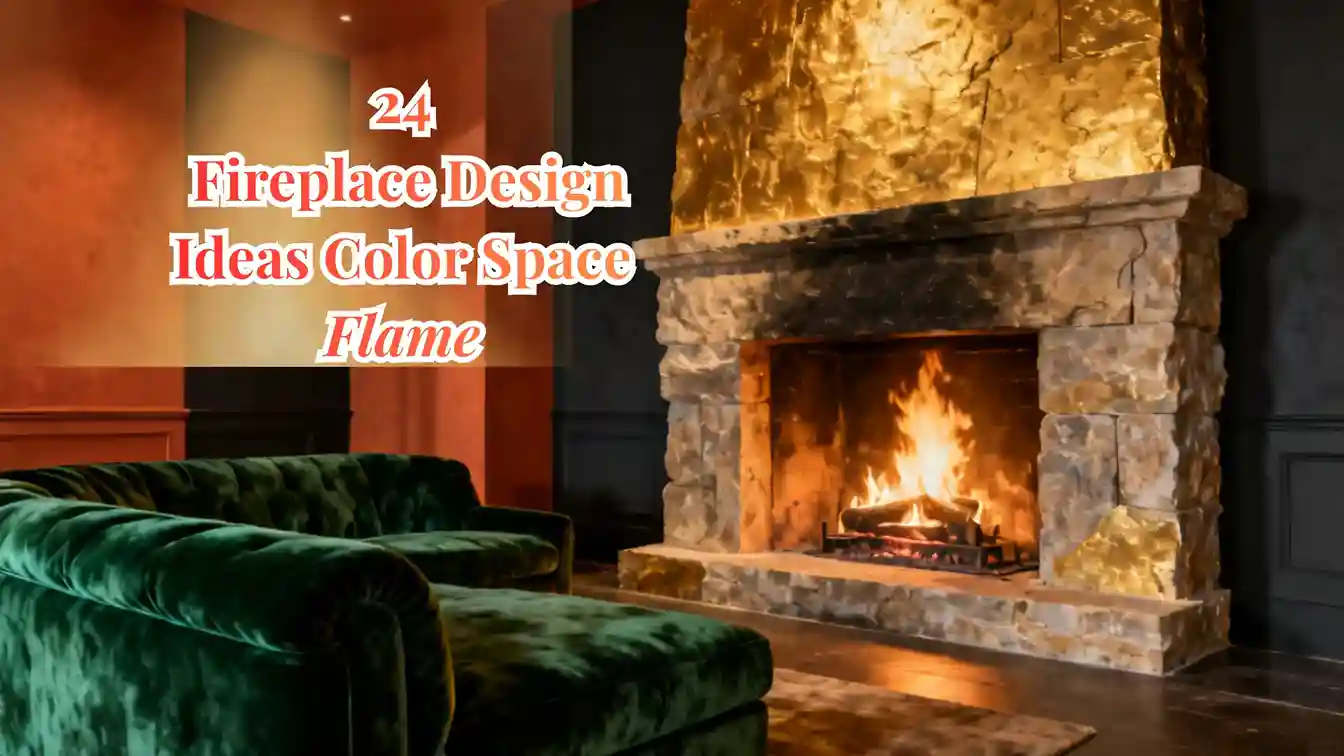Dramatic fireplace design ideas featuring floor-to-ceiling stone surround with warm amber flame and moody dark wall color