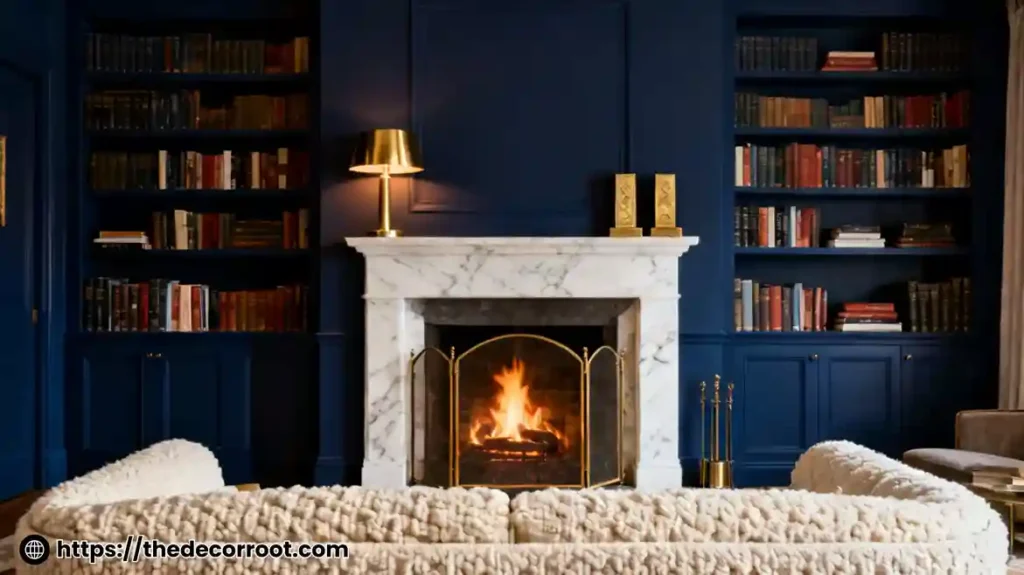 Fireplace design ideas featuring a white marble surround with built-in bookshelves and warm glowing flame in a dark-painted living room