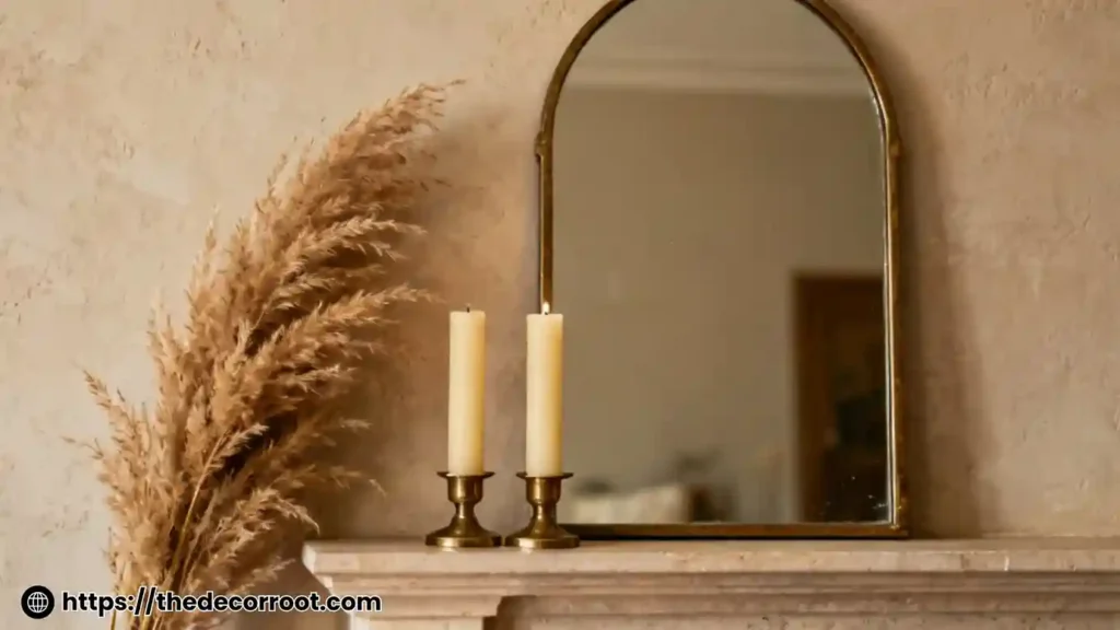 Styled fireplace mantel showcasing fireplace design ideas with candles, botanicals, and warm flickering flame