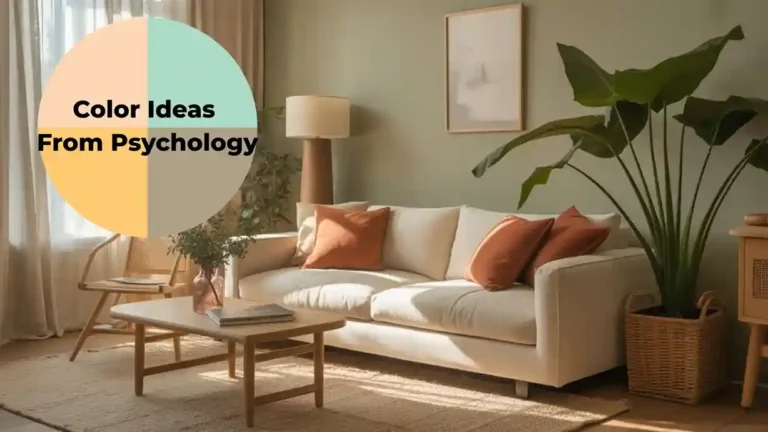 Color ideas from psychology displayed as a beautiful home interior with calm blue walls, warm terracotta accents, and natural light
