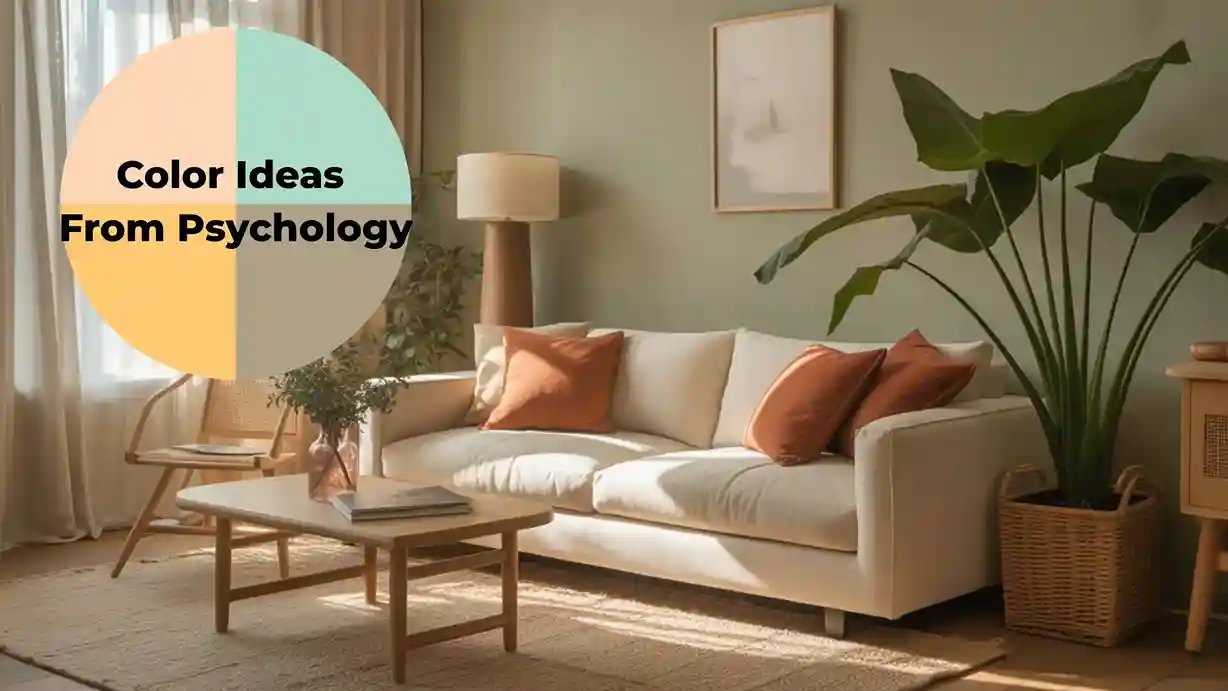 Color ideas from psychology displayed as a beautiful home interior with calm blue walls, warm terracotta accents, and natural light