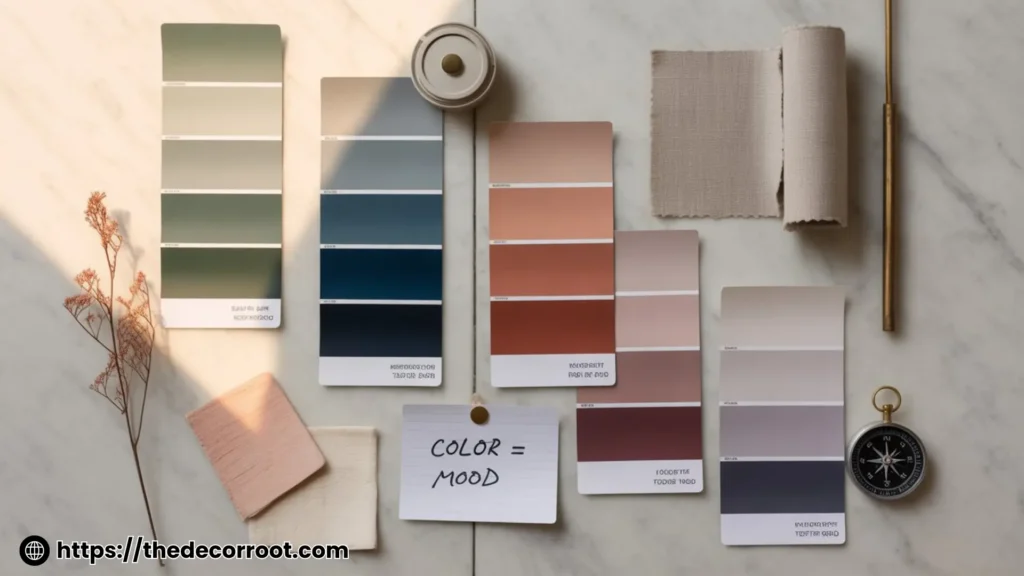Color ideas from psychology shown as a styled mood board with paint swatches, sage green walls, and navy blue reading nook details