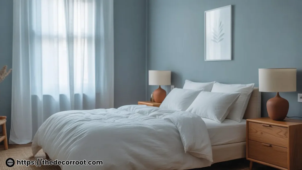 Color ideas from psychology applied in a cozy bedroom with soft blue walls and warm white bedding showing calming psychological effects