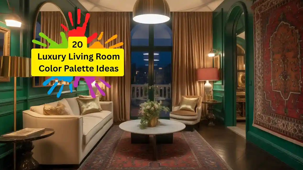 Luxury living room color palette featuring deep emerald green walls, gold accents, cream sofa, and marble coffee table