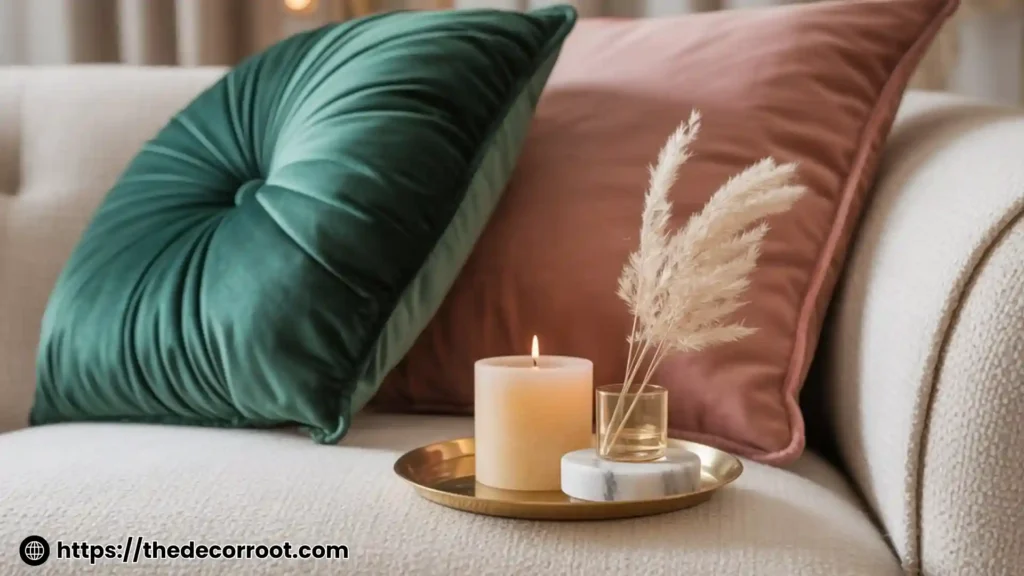 Close-up detail shot of luxury living room color palette accessories velvet cushions in emerald and blush with brass tray and marble surface