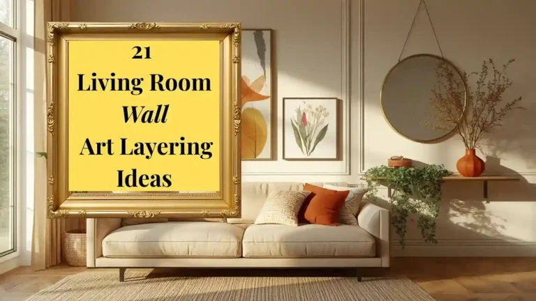 Styled living room featuring layered wall art with mixed frames, a large abstract print, and a decorative shelf living room wall art layering ideas