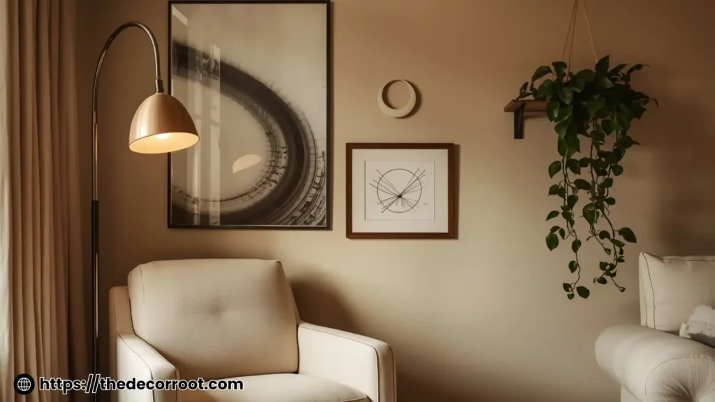 Styled living room corner with layered wall art, floor lamp, and trailing plant — living room wall art layering ideas inspiration